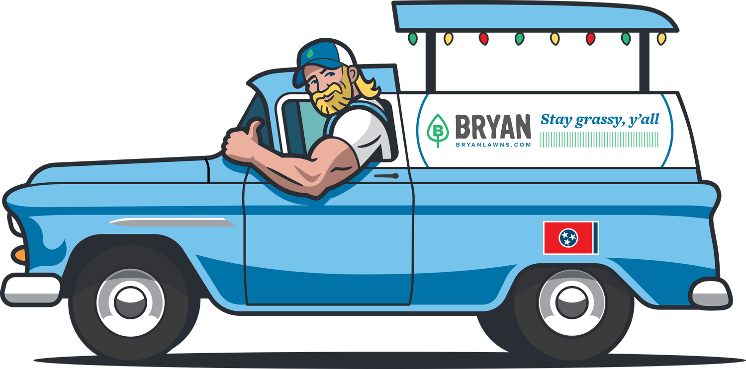 Billy waving from the Bryan Lawn Care truck