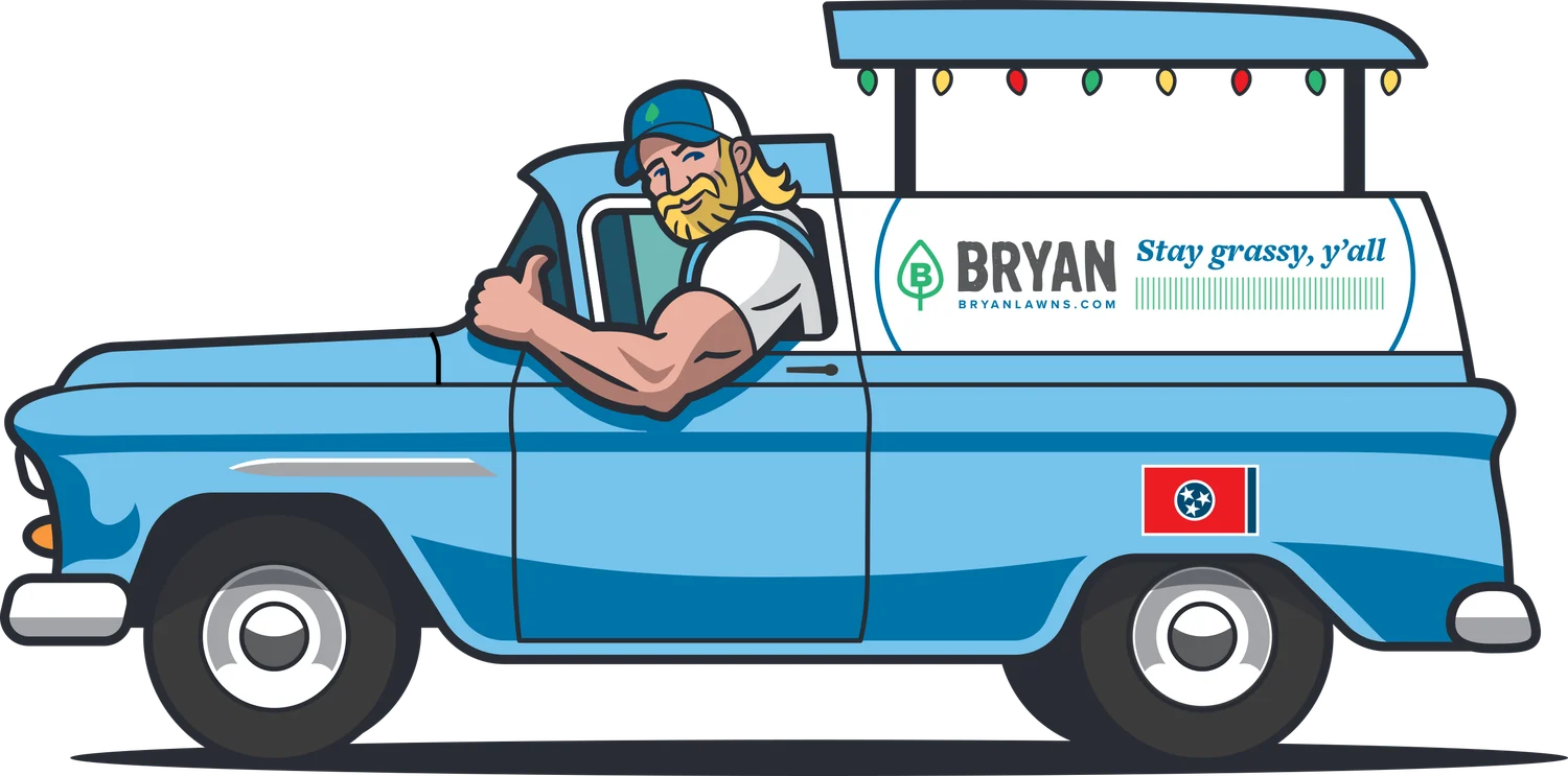 Billy waving from the Bryan Lawn Care truck