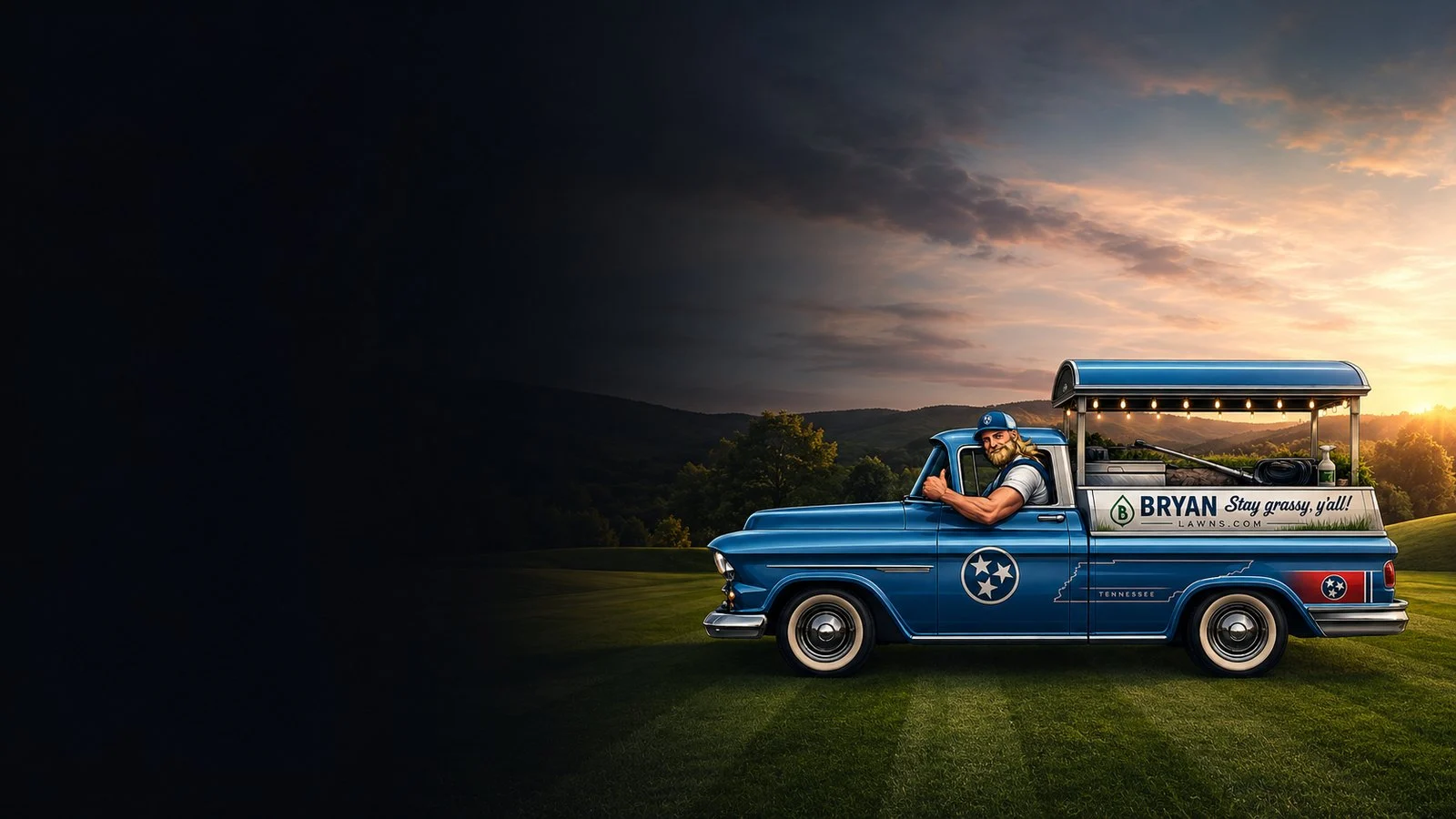 Bryan Lawn Care truck at sunset in Nashville